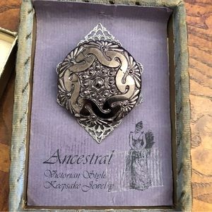 Vintage repurpose 1950s Czech glass button brooch in old box